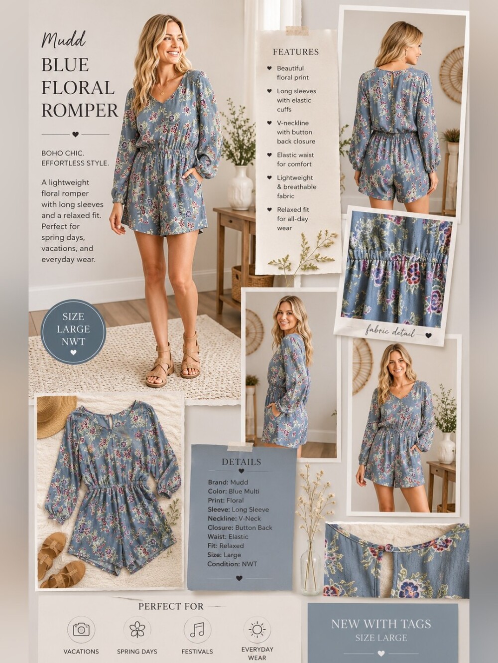 Mudd Blue Floral Long Sleeve Romper NWT Size Large Boho Spring Style